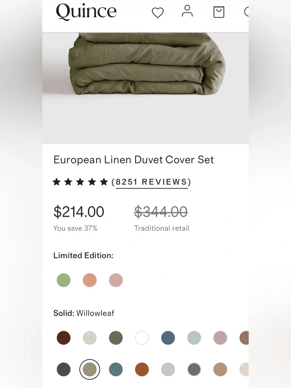 NWT Quince European Linen 3 Pc Duvet Cover Set, King/cal (Willowleaf) MSRP $214